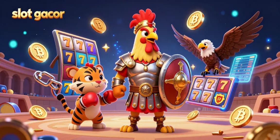 Engage with slot gacor excitement through a vibrant 3D illustration of a rooster gladiator amidst casino slot elements.
