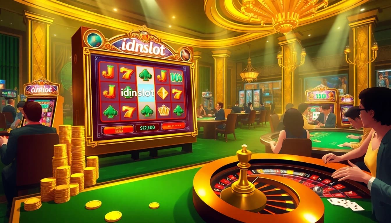 Players enjoying the thrill of idnslot with lively casino elements and vibrant slot machines.
