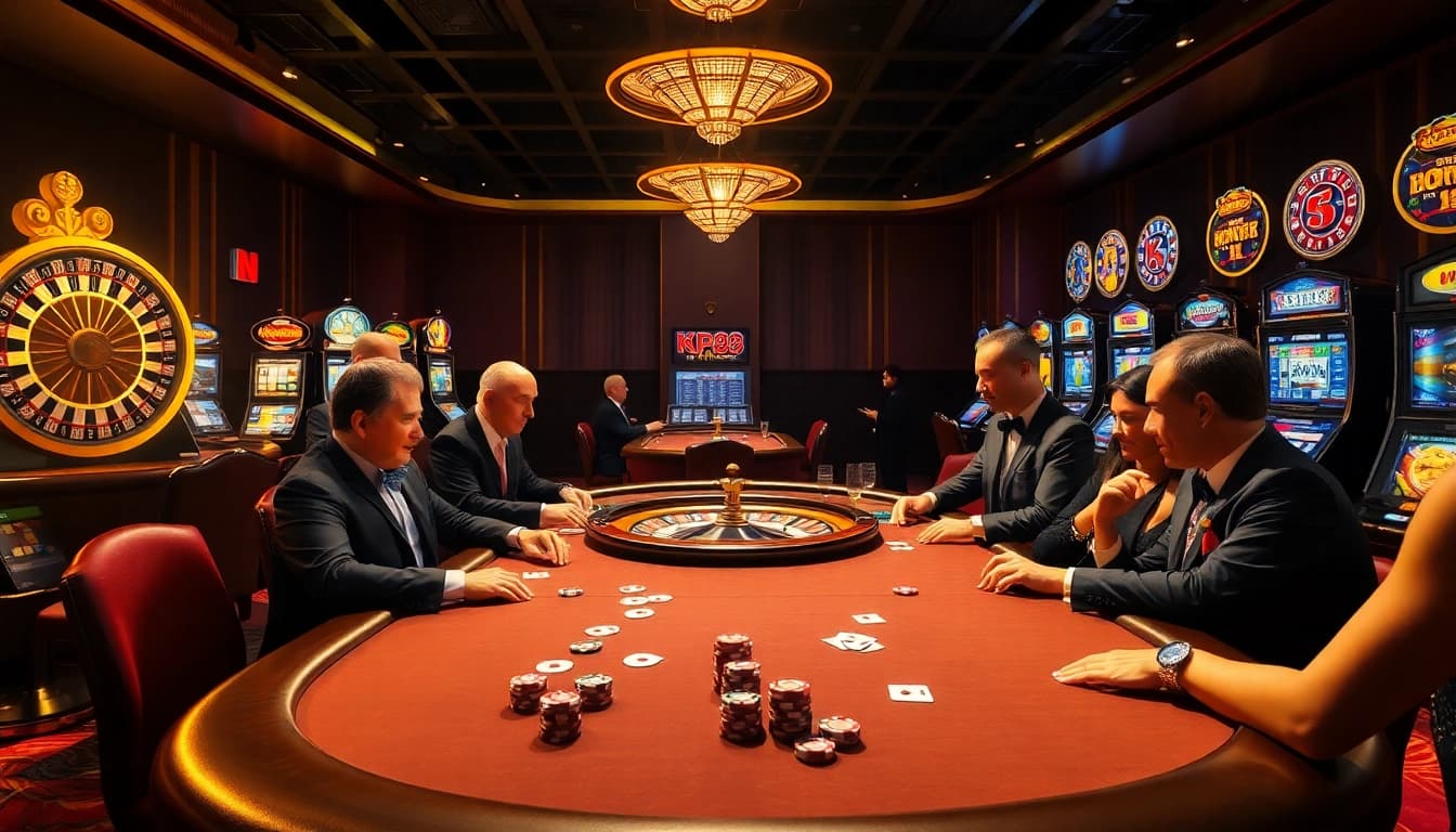 Players enjoying an intense game at the KP88 casino poker table with roulette and slot machines in view.