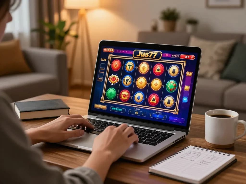 Engaging gameplay on Jus77 casino slots viewed on laptop in cozy home environment.