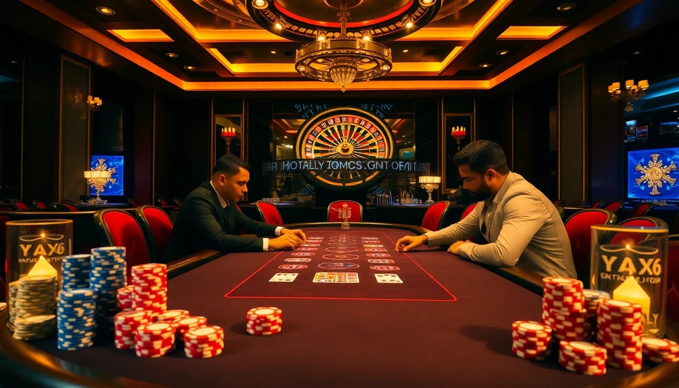Engaging poker players at a lavish BDTK66 casino table with colorful chips and cards.