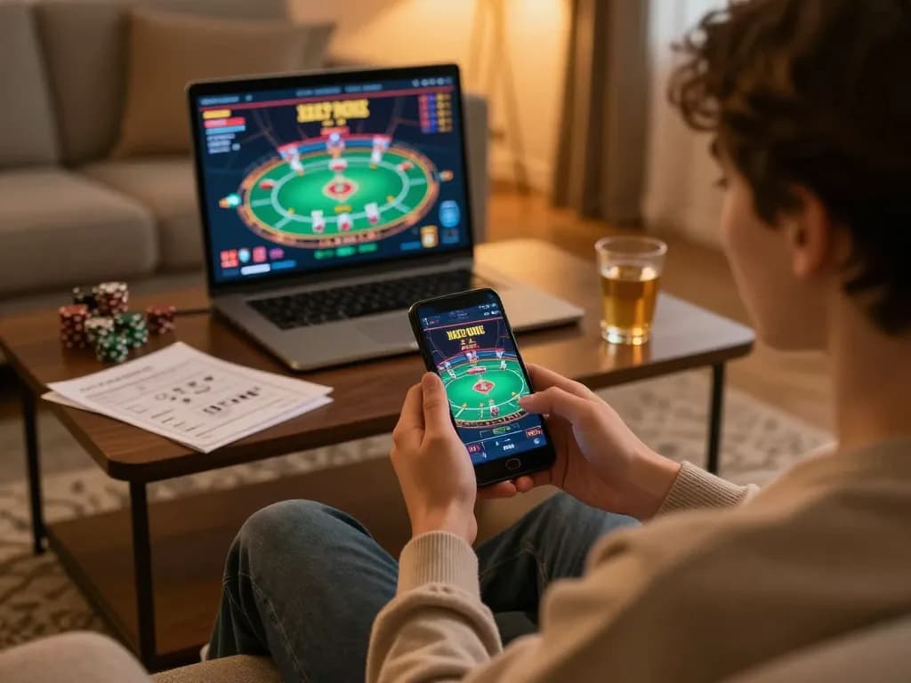 Player enjoying rr88 mobile casino app on a cozy couch, focused on strategic gameplay.