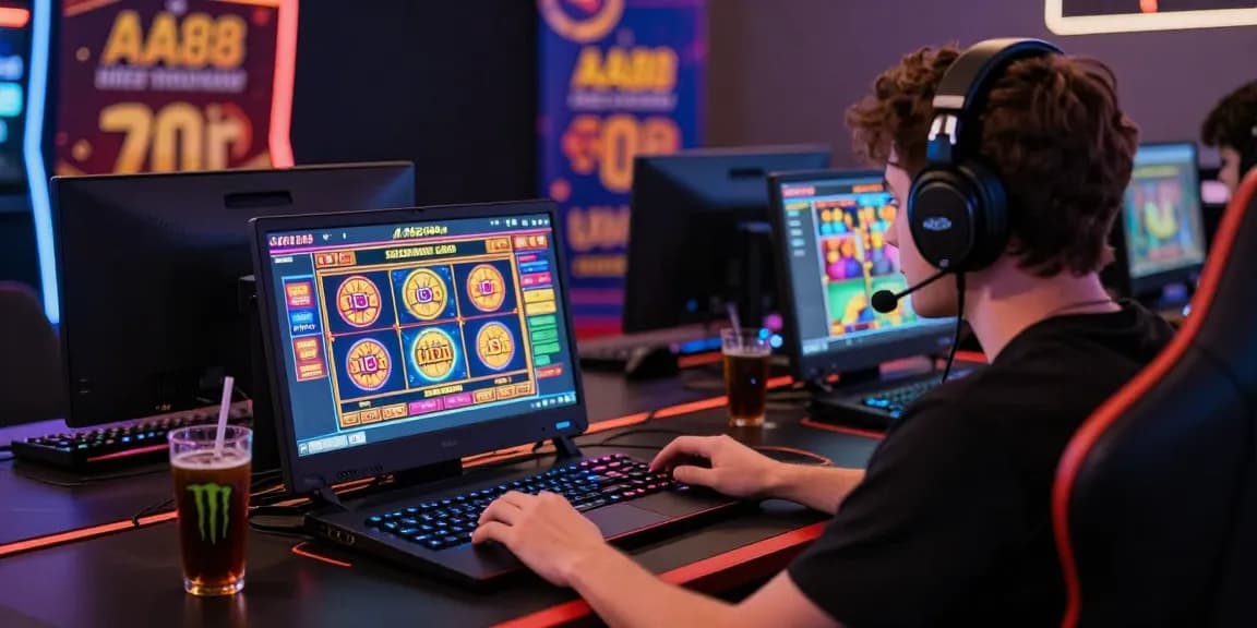 Online gaming scene with a player at AA88 COM enjoying vibrant slot games.