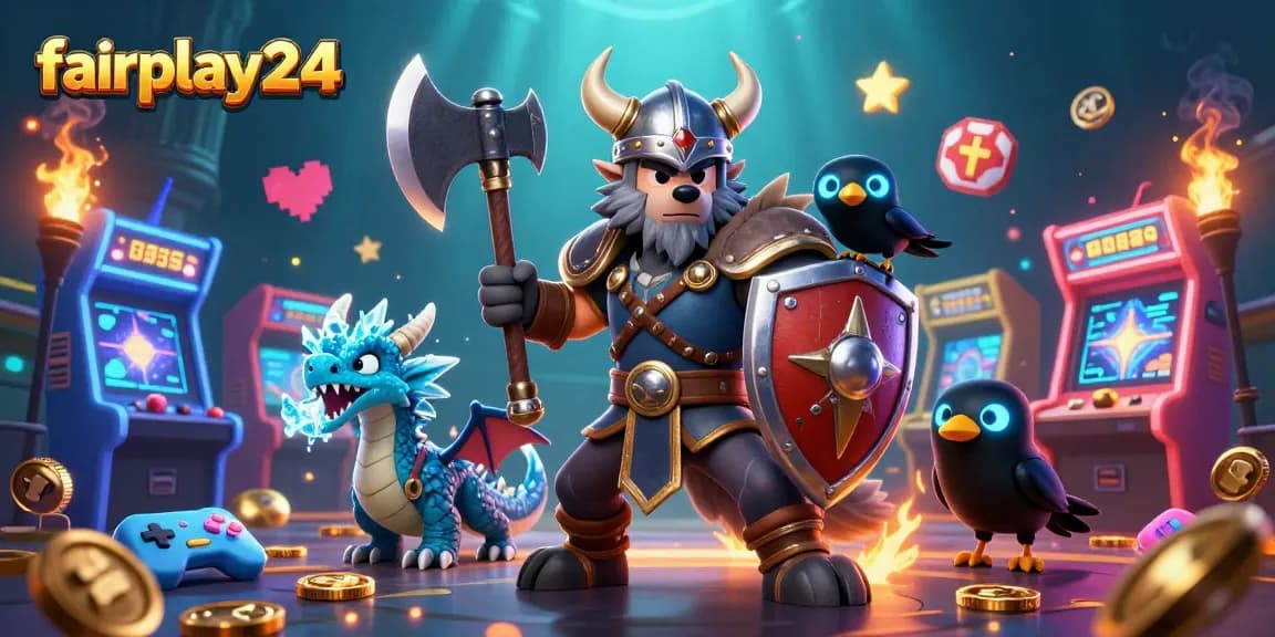 Engage in thrilling gaming adventures with fairplay24, featuring a Viking wolf warrior, fierce dragon, and arcade elements.