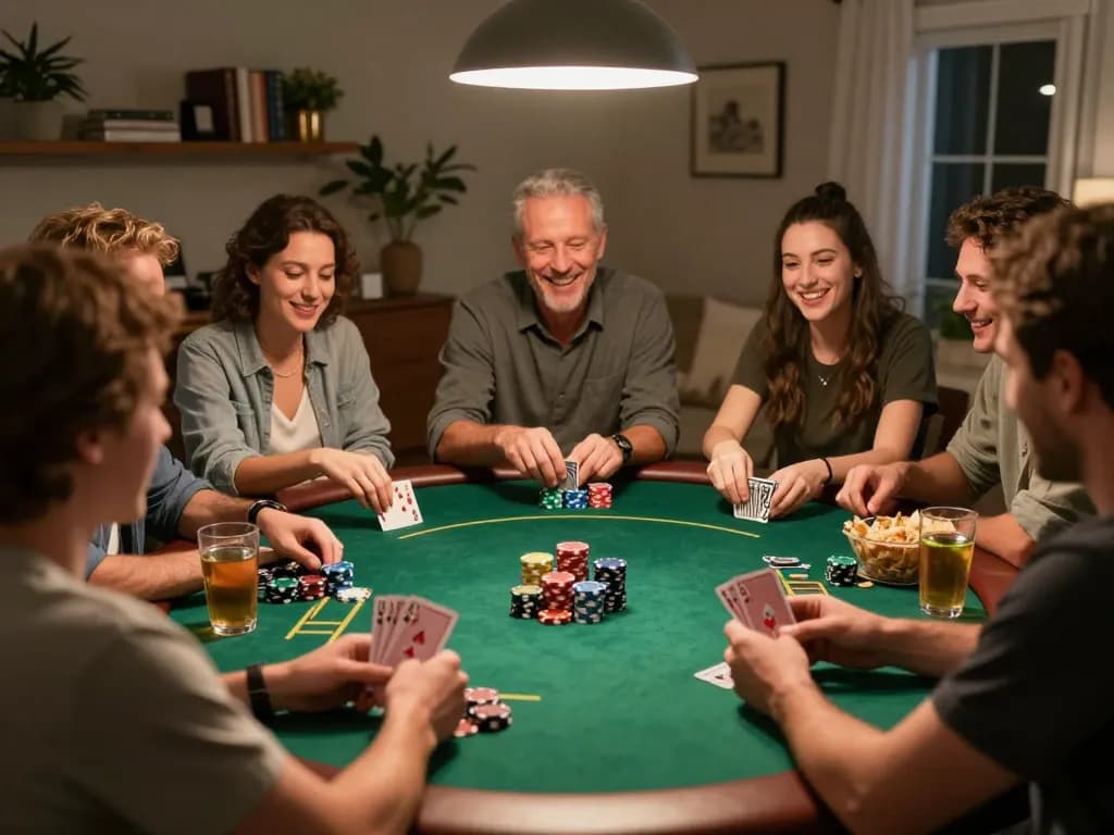 Các người chơi đang thưởng thức đêm poker KO66 với chip và bài màu sắc, không gian ấm cúng và mời gọi.