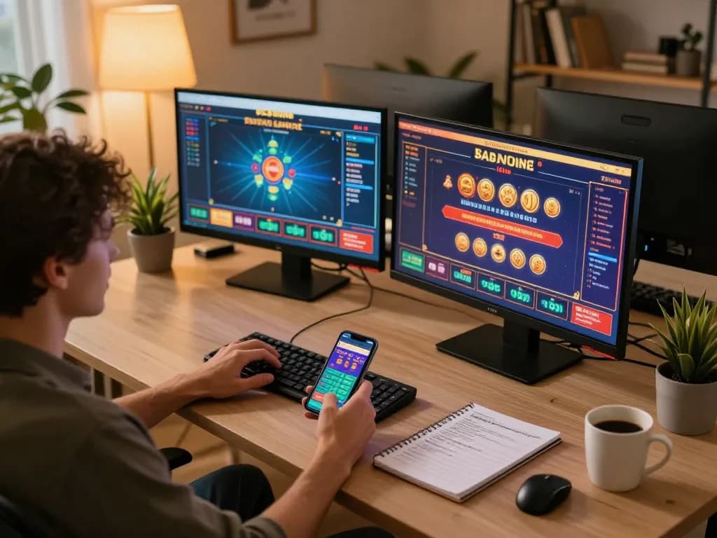 Player engaging in online gaming with TR88 interface visible on multiple screens in a stylish setup.