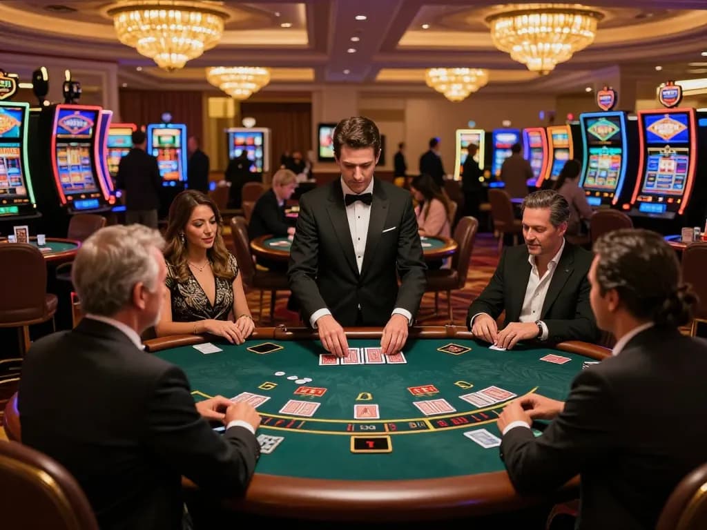 Engaged players at go99com blackjack table meticulously strategizing their bets in a luxurious casino.