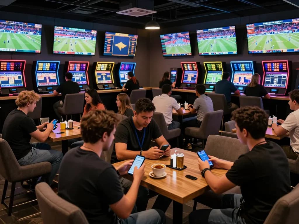 Engaging atmosphere at sports betting lounge showing patrons focused on mpo sport betting strategies and live events.