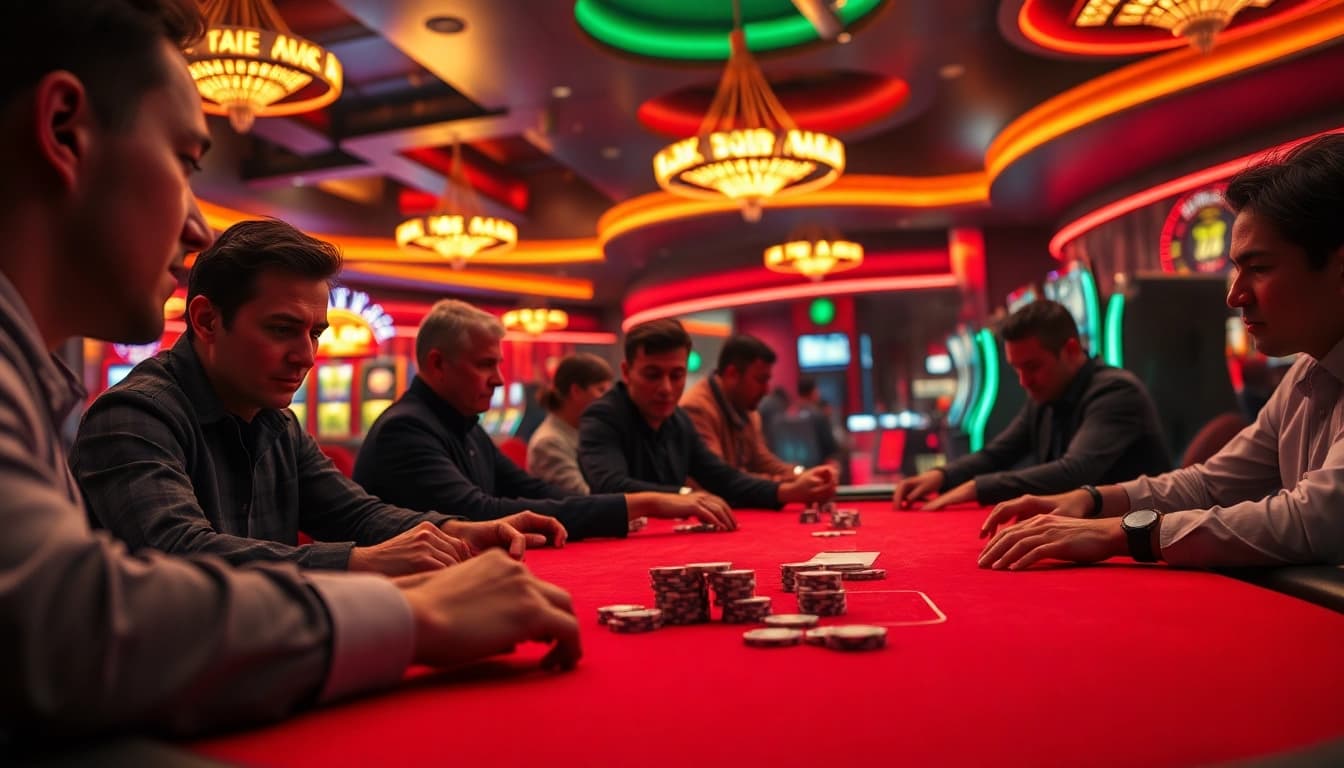 Engaging players at a poker table in Diwa777 casino, vibrant atmosphere and intense gameplay.