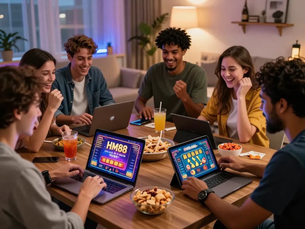 Exciting online gaming atmosphere on HM88 Trang chủ with friends enjoying casino games in a cozy setting.