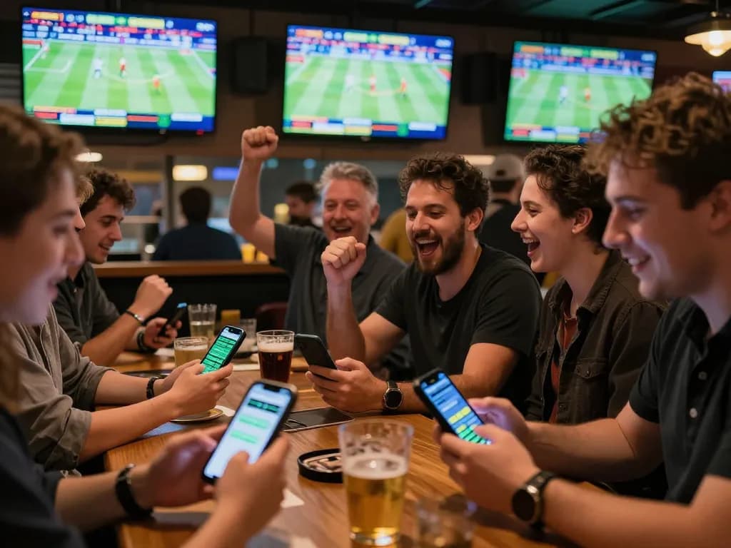 Engaged patrons placing bets on 7meter Parlay at a lively sports bar with screens showing live games.
