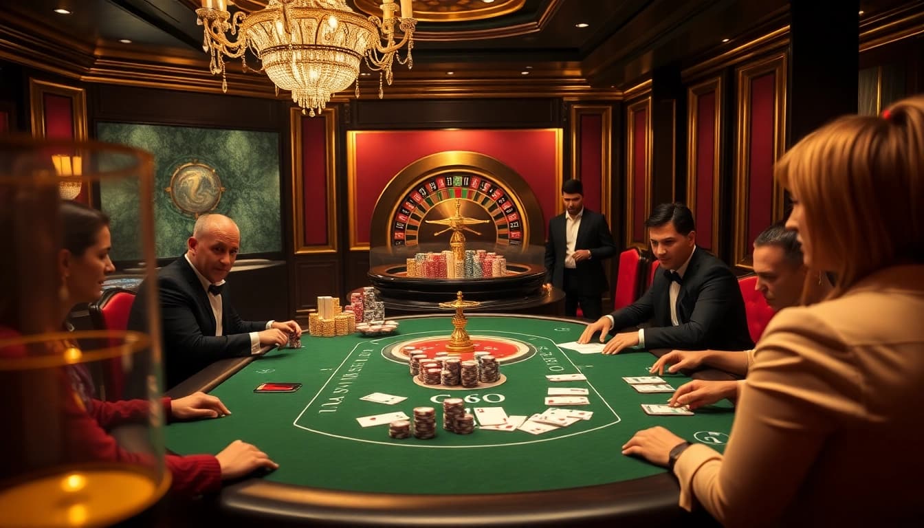 Players engaging in an exciting poker game at a luxury casino, demonstrating GO8 strategies for winning.