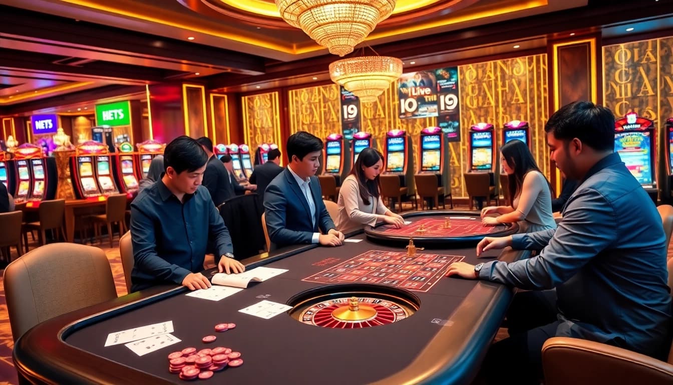 Exciting casino environment displaying "Nhà cái uy tín" with diverse players engaging in poker and roulette.
