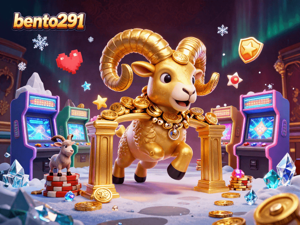 Bento291 brings the excitement of casino gaming alive with a charging golden ram amidst vibrant arcade elements and jackpot symbols.