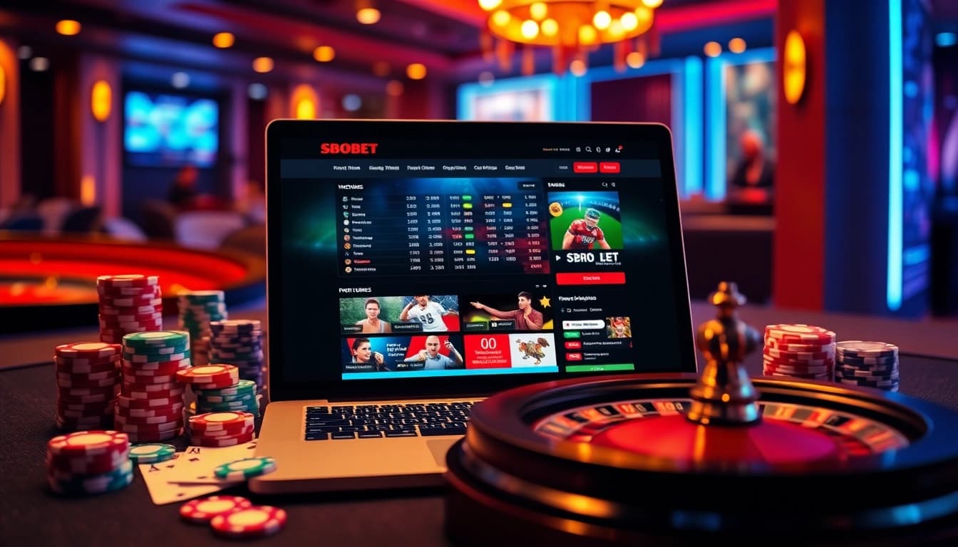 Engage with sbobet login indonesia on a sleek laptop surrounded by vibrant casino elements.