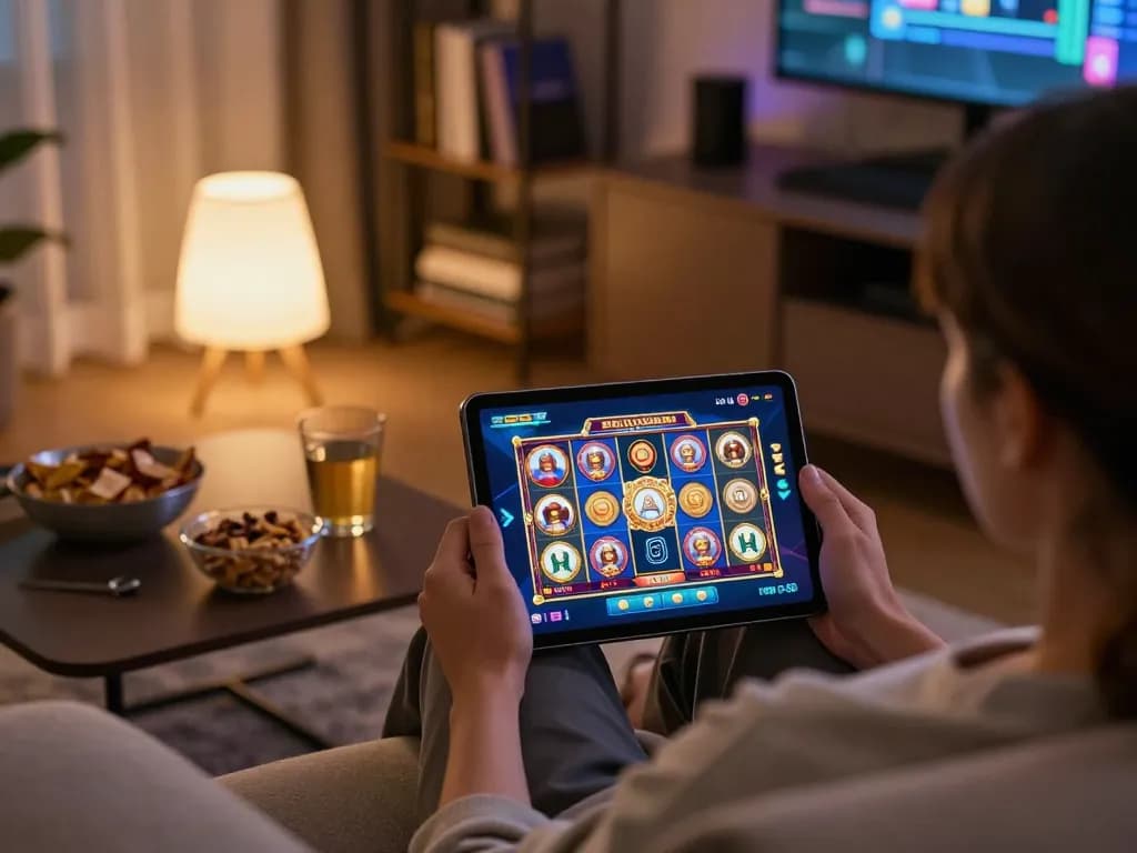 Player relaxing on sofa engaging with slot online gaming interface on tablet in home setting