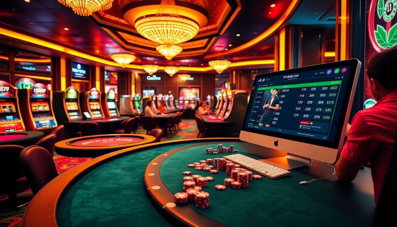 Engage with exciting online gaming action at vin88ac.com, featuring thrilling casino tables and vibrant slot machines.