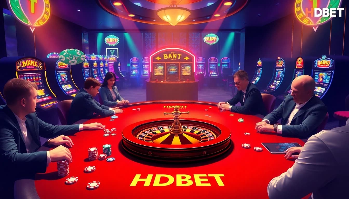 Exciting poker game scene with HDBET branding, showcasing vibrant casino atmosphere.