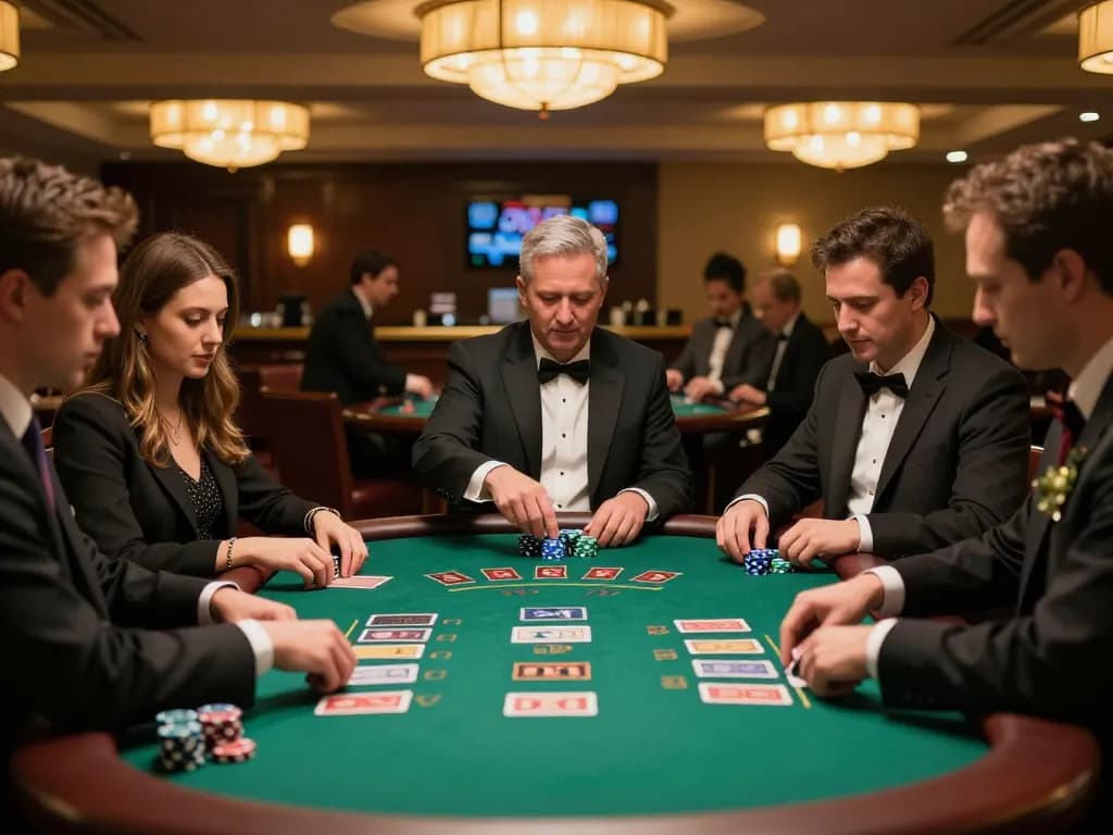 Players enjoying a dynamic blackjack game at LV88 casino with warm lighting and engaging atmosphere.