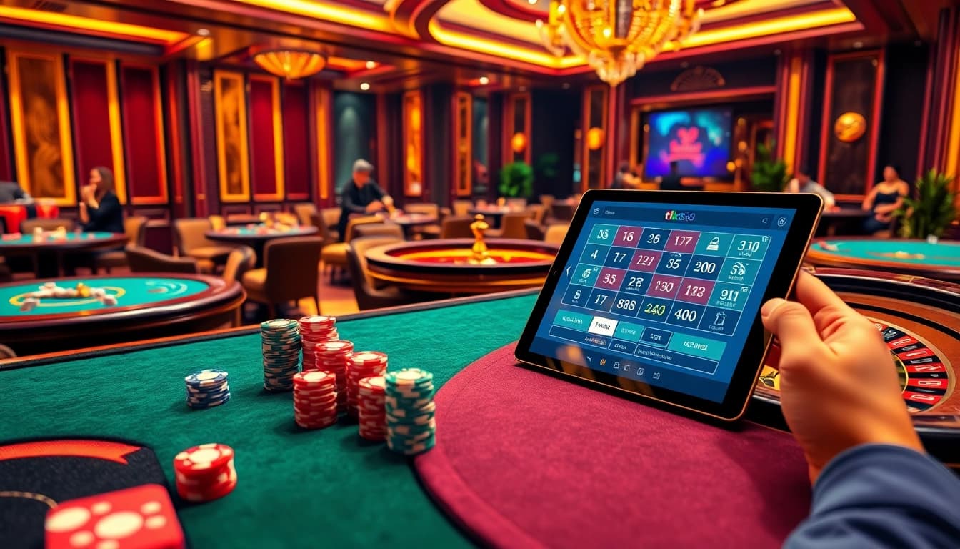 Engage with tk88 at a luxurious casino featuring vibrant tables, chips, and a roulette wheel.