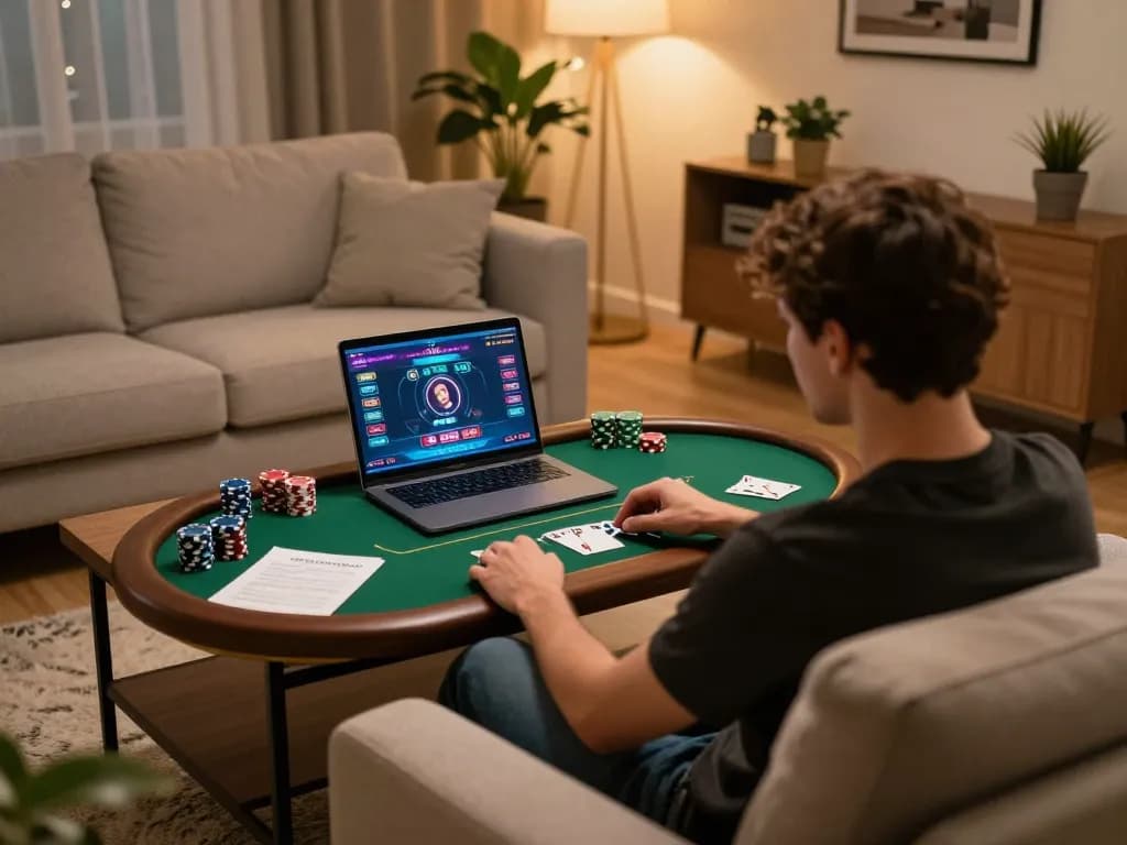 Player enjoying poker at LV88 online casino on a laptop, relaxed home setting, focused gameplay.