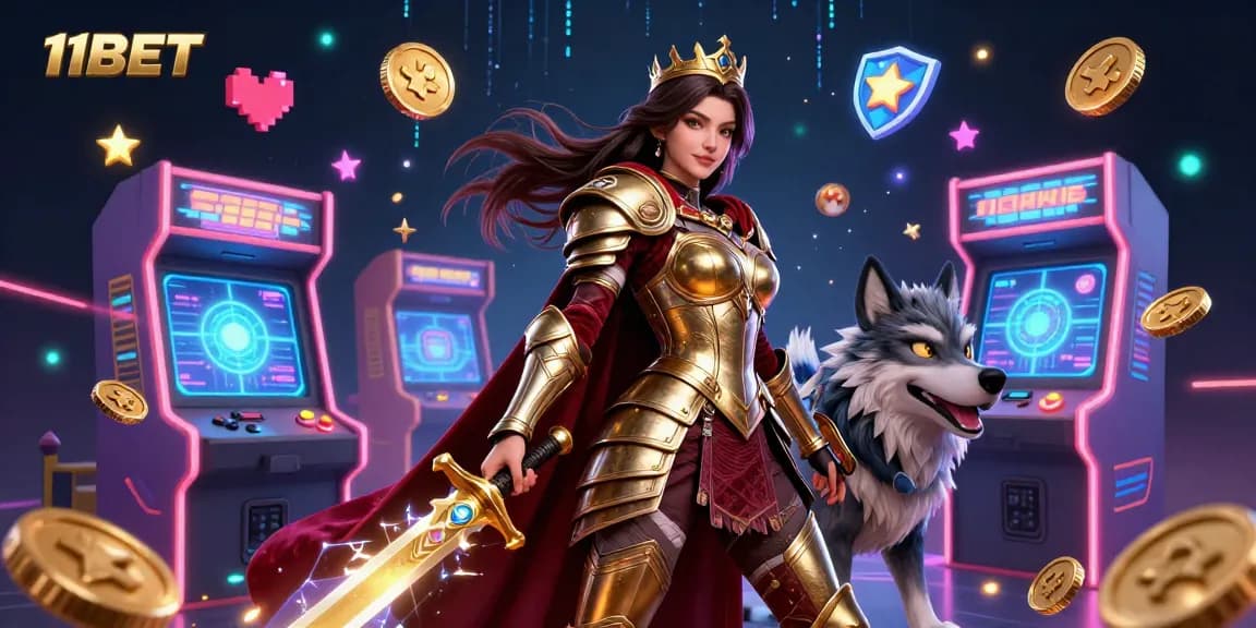 Engage in exciting gameplay with 11BET, featuring a warrior queen and her armored wolf amid vibrant casino elements.