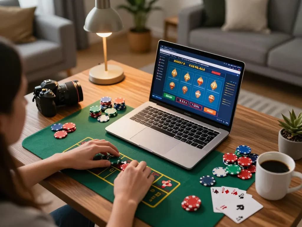 Player engages in online casino gameplay at home, highlighting nhacaiuytin gaming strategies with vibrant visuals.