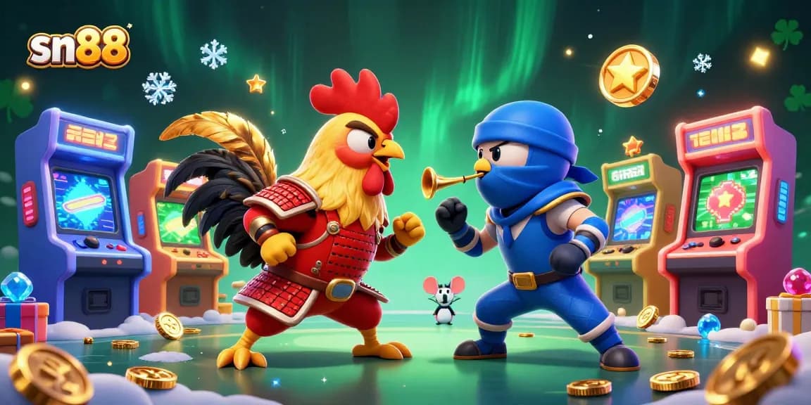 Sn88 showcases an epic battle between cartoon roosters in a vibrant casino-themed digital illustration.