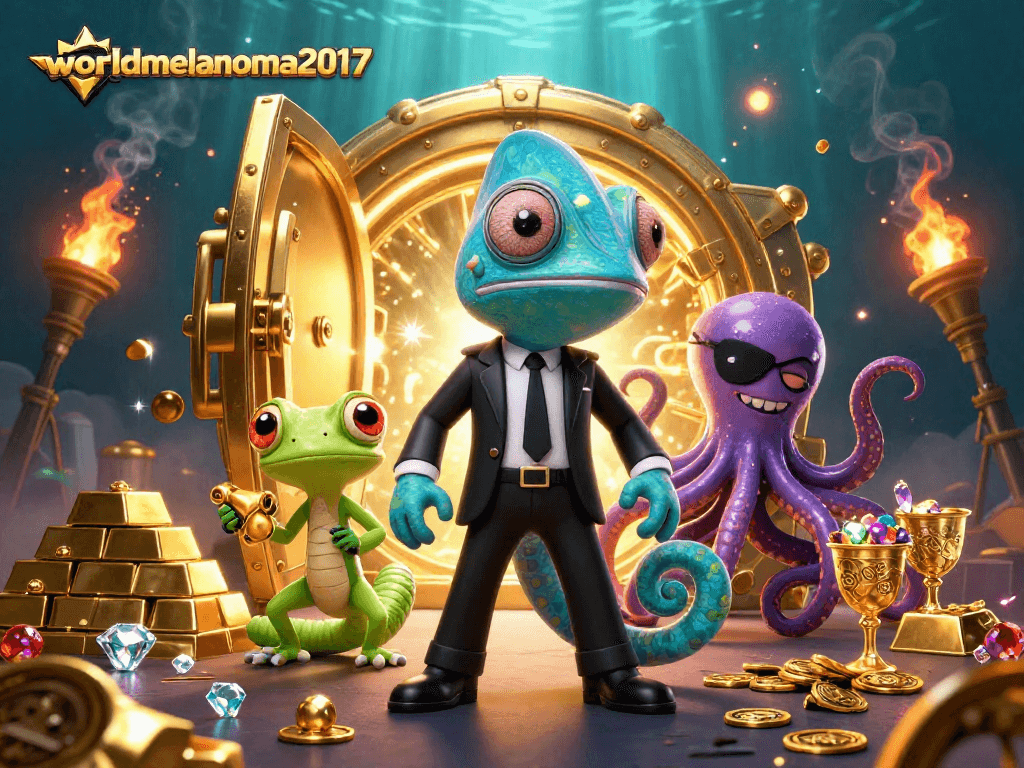 worldmelanoma2017 showcases thrilling online casino games with vibrant characters and golden treasures.