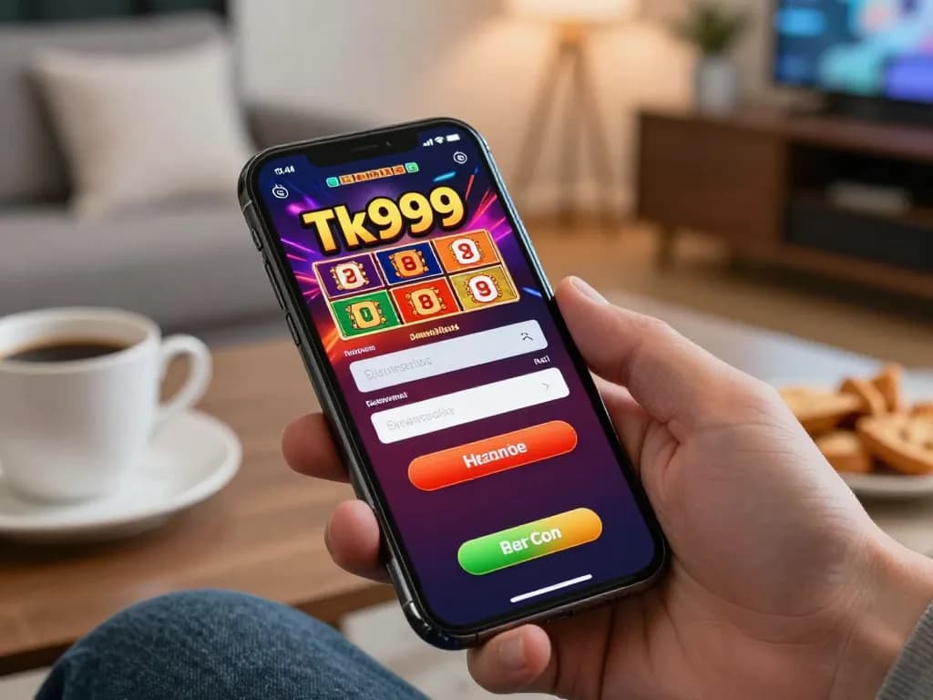 Engaging in tk999 login on a smartphone within a cozy home environment, showcasing the excitement of online gambling