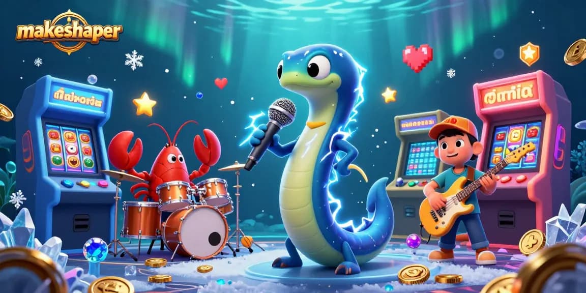 Whirl with makeshaper in an underwater casino, as electric eel DJ performs amidst slot reels and vibrant graphics.