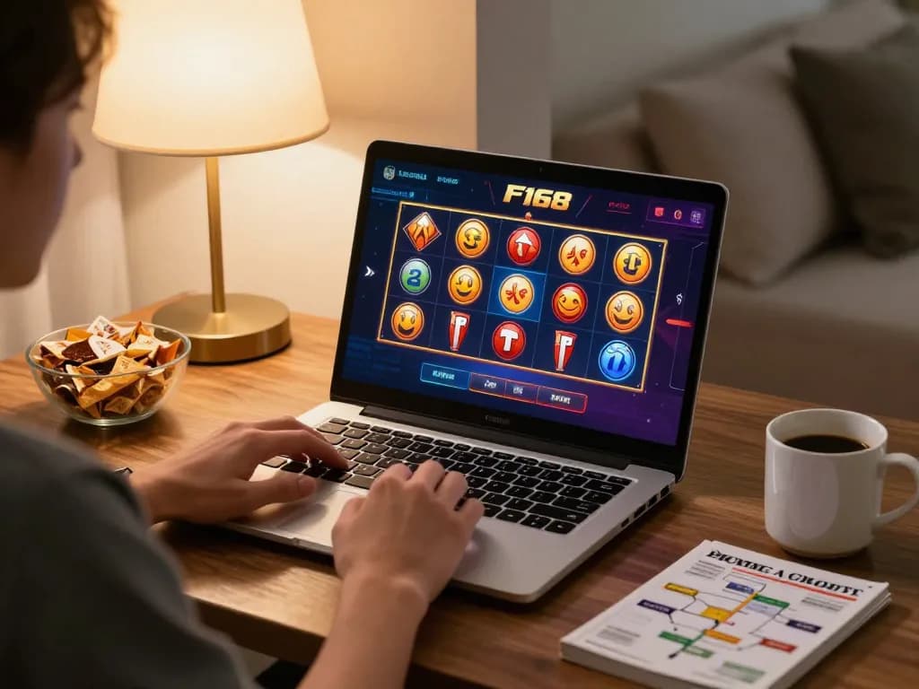 Player enjoying F168 online casino gaming on a laptop, showcasing immersive slot visuals.