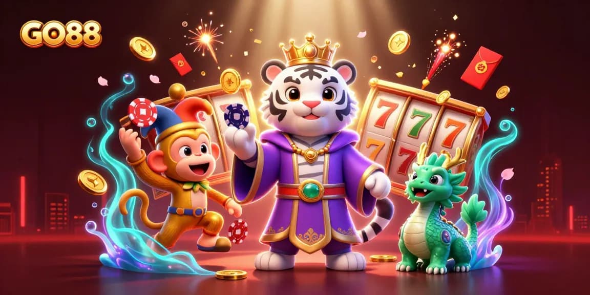 Engage with GO88 for vibrant slot game excitement featuring a majestic tiger and entertaining monkey.