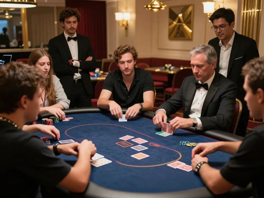 Engaged players at a dewa slot poker table strategizing their next moves amidst an upscale casino atmosphere
