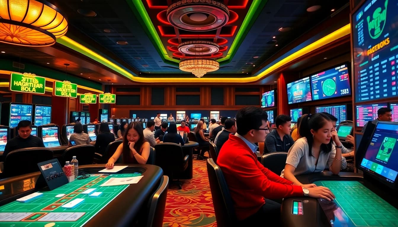 Dynamic betting atmosphere capturing Taruhan Bola excitement at a luxury casino.