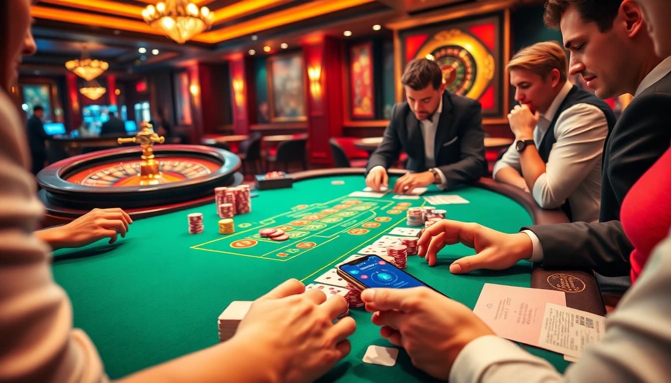Players strategizing in a luxurious casino scene at 98win vin blackjack table, capturing high-stakes excitement.