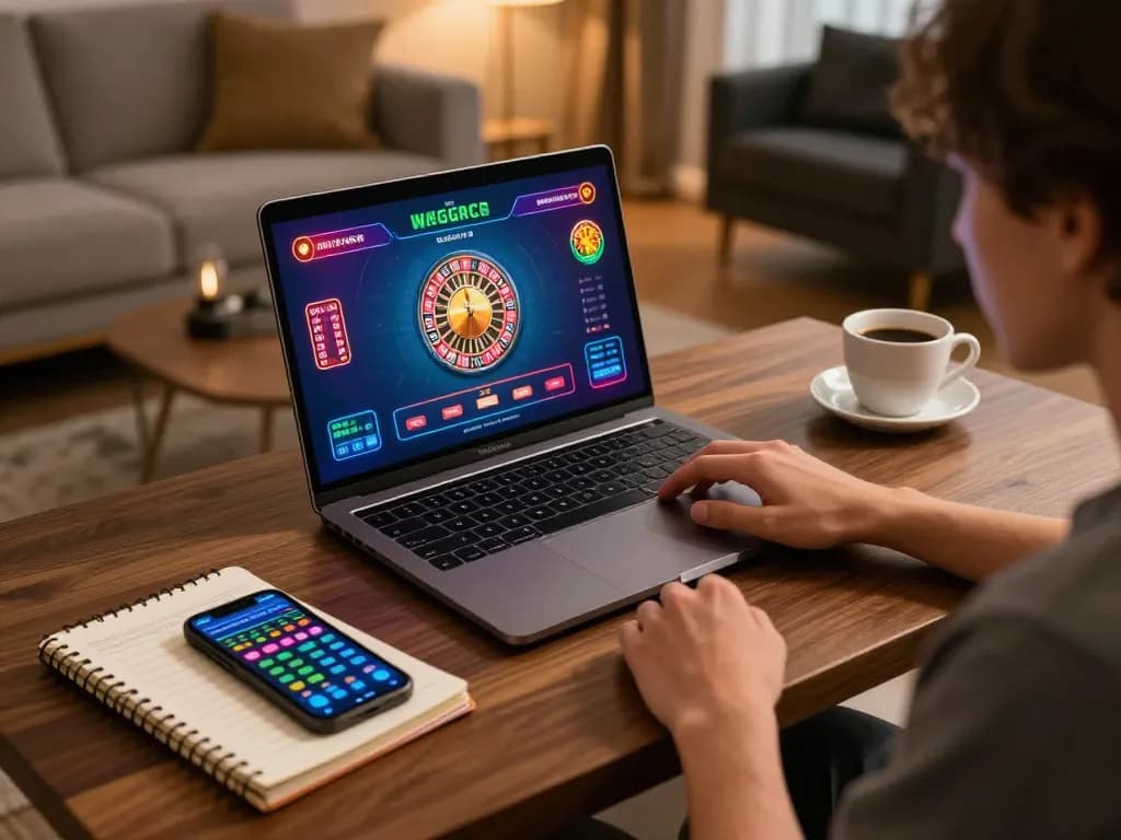 Player enjoying go88 online roulette game with strategic notebook and smartphone in cozy setup.