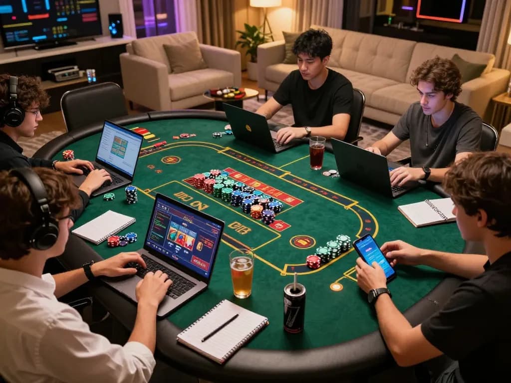 Engage in online gaming excitement at tr88 with friends using laptops and smartphones in a stylish setup.