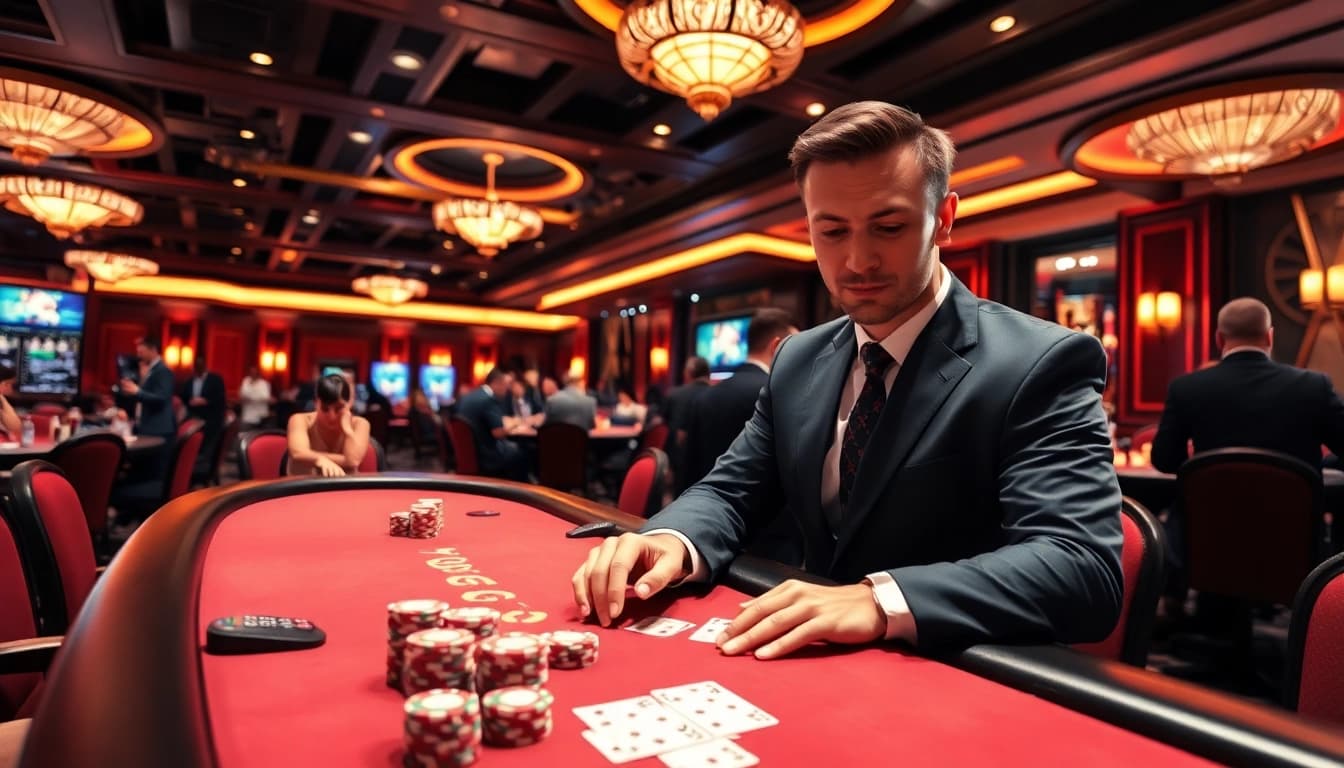 Experience the thrill of 18vip娛樂 with a professional casino dealer in an elegant gaming room.