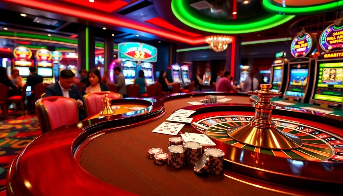 Engaging casino scene featuring 33win68 gaming table with poker chips and roulette wheel.