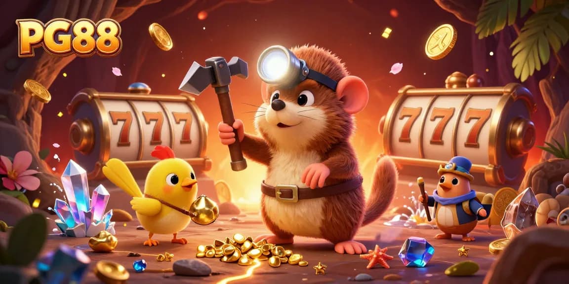 Spin reels at PG88 with whimsical treasure hunter and golden gems in this colorful casino scene.