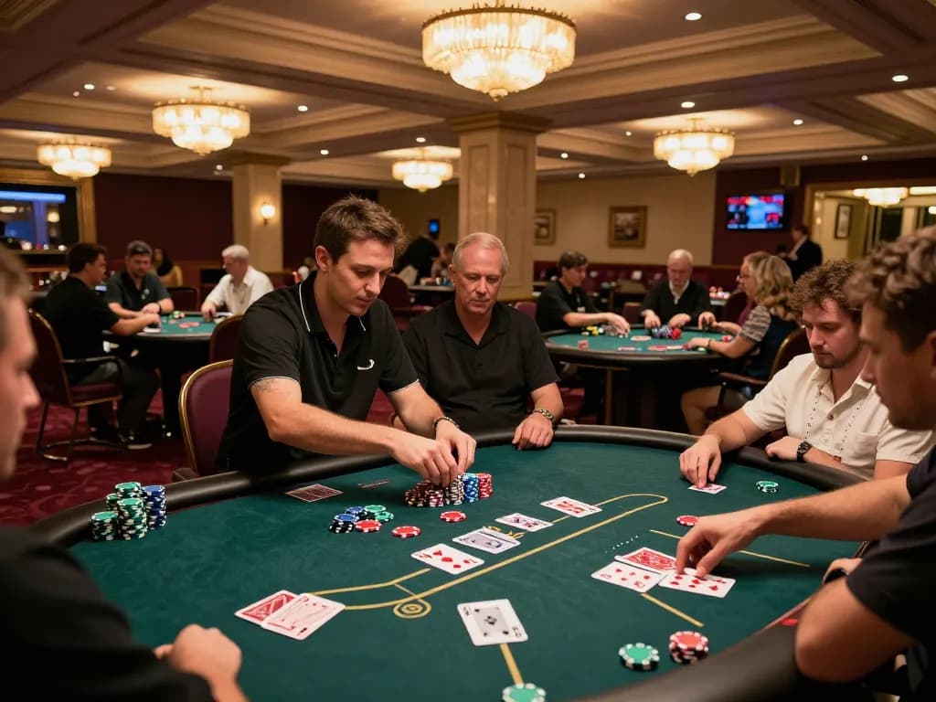 Engaged players strategizing in a vibrant 98win casino game, showcasing excitement and camaraderie.