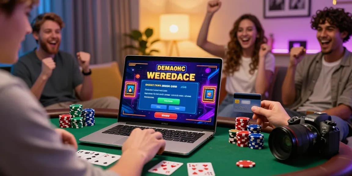 Player using credit card slots at an online casino, vibrant gaming scene.