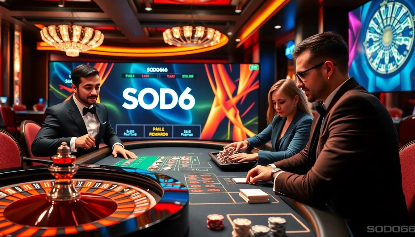 SODO66 players engaging in a thrilling casino experience with poker chips and roulette.