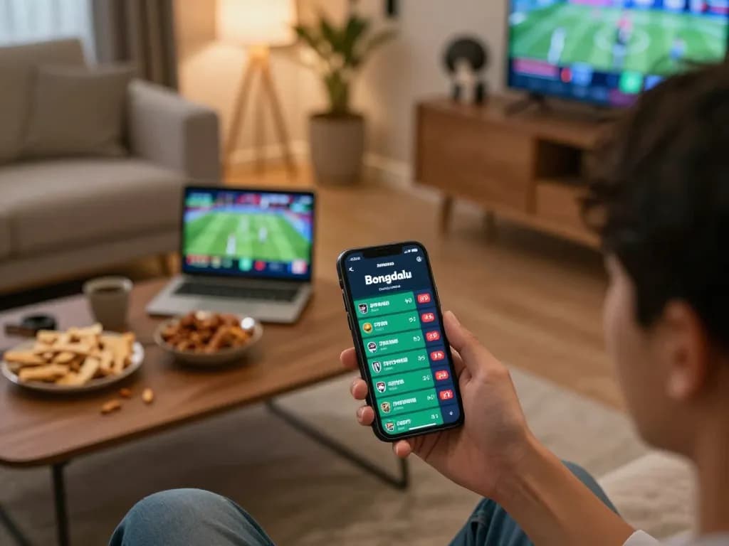 Bongdalu app user analyzing live football betting odds on smartphone in a cozy setting.