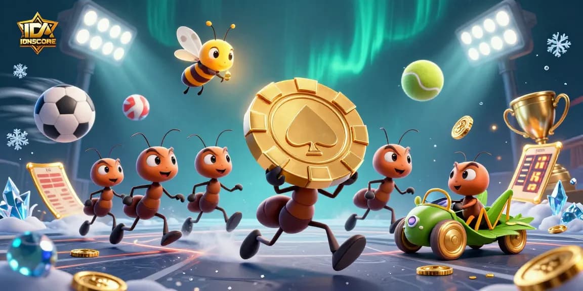 Experience IDNSCORE's thrilling heist with cartoon ants and sports elements in this vibrant illustration.