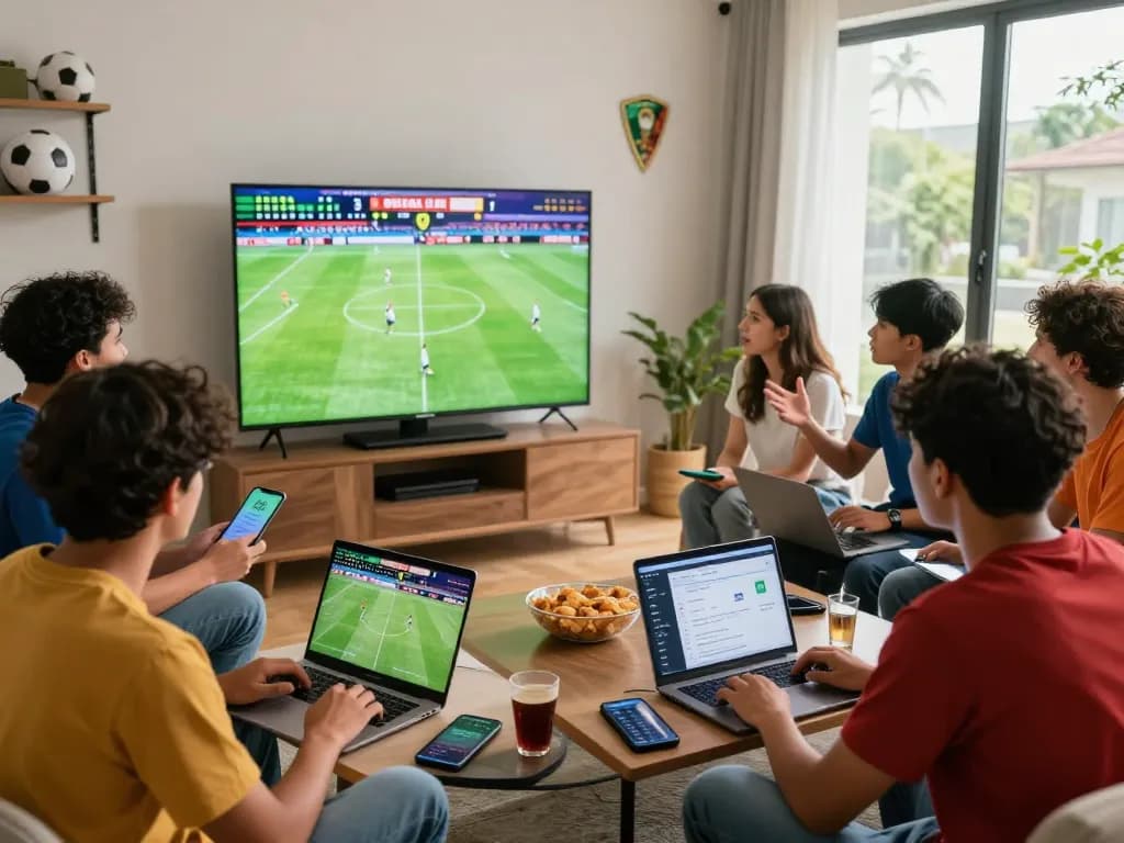 Cá độ bóng đá with friends watching a live match and discussing betting strategies in a vibrant, communal atmosphere.