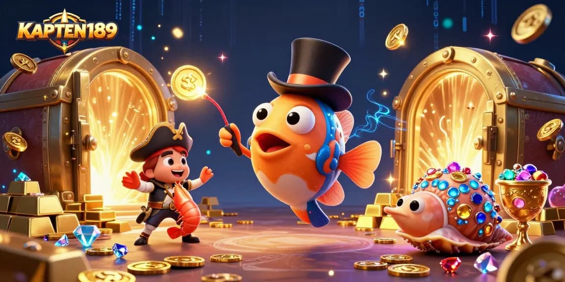 KAPTEN189 menarik perhatian dengan ilustrasi menyentuh slot online, menampilkan elemen permainan dan karakter unik.