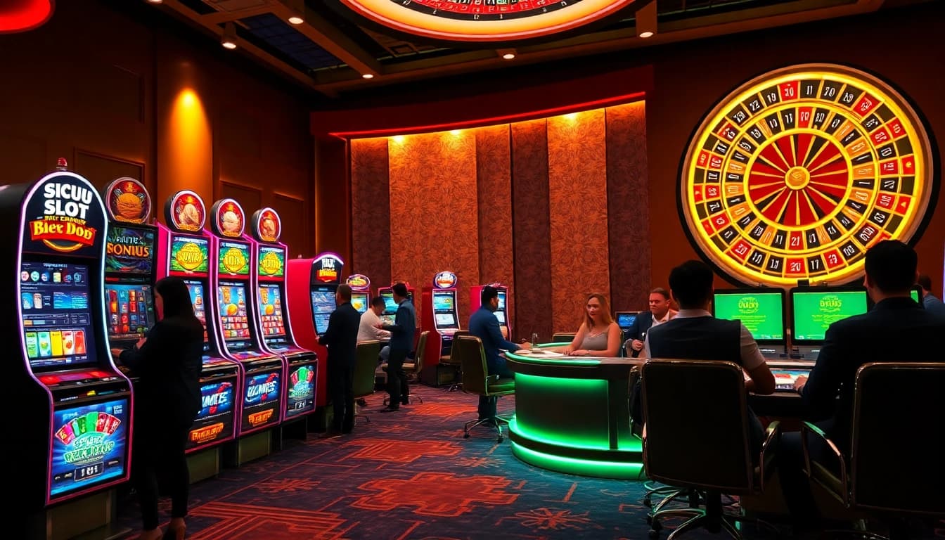 Players enjoying high-stakes at Situs Slot, featuring vibrant slot machines and roulette wheels.