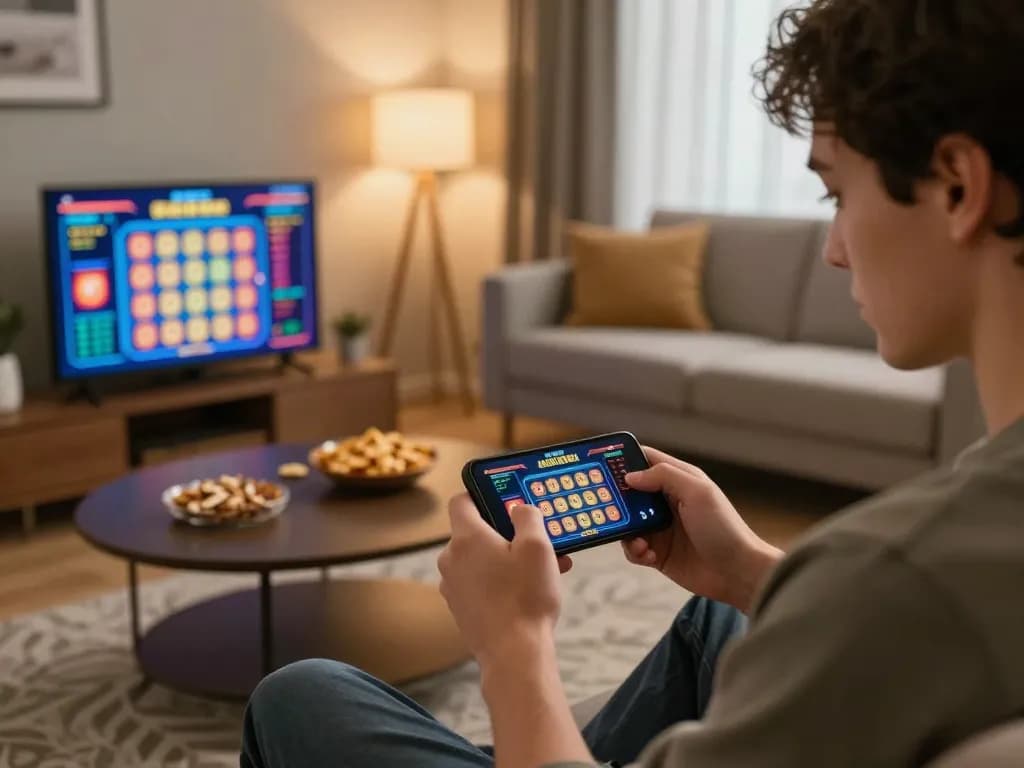 Toto8 link alternatif featured on a smartphone screen, showing live gambling action in a cozy home setting.